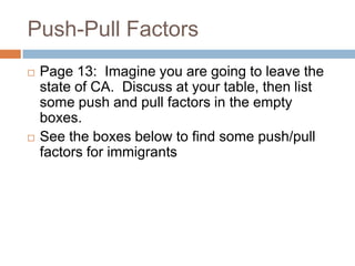 Push-Pull Factors Page 13:  Imagine you are going to leave the state of CA.  Discuss at your table, then list some push and pull factors in the empty boxes.See the boxes below to find some push/pull factors for immigrants