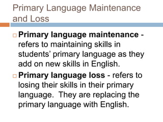 Primary Language Maintenance and LossPrimary language maintenance - refers to maintaining skills in students’ primary language as they add on new skills in English.Primary language loss - refers to losing their skills in their primary language.  They are replacing the primary language with English.