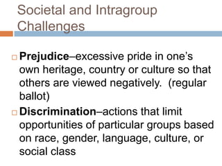 Societal and Intragroup ChallengesPrejudice–excessive pride in one’s own heritage, country or culture so that others are viewed negatively.  (regular ballot)Discrimination–actions that limit opportunities of particular groups based on race, gender, language, culture, or social class