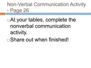 Non-Verbal Communication Activity - Page 26At your tables, complete the nonverbal communication activity.Share out when finished!