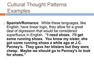 Cultural Thought PatternsExamplesSpanish/Romance:  While these languages, like English, have linear logic, they allow for a great deal of digression that would be considered superfluous in English.  “I need shoes.  I’ll get some running shoes.  You know my sister, she got some running shoes a while ago at J.C. Penney’s.  They gave her blisters but they were cheap.  Maybe we should go to Penney’s to look for shoes.”