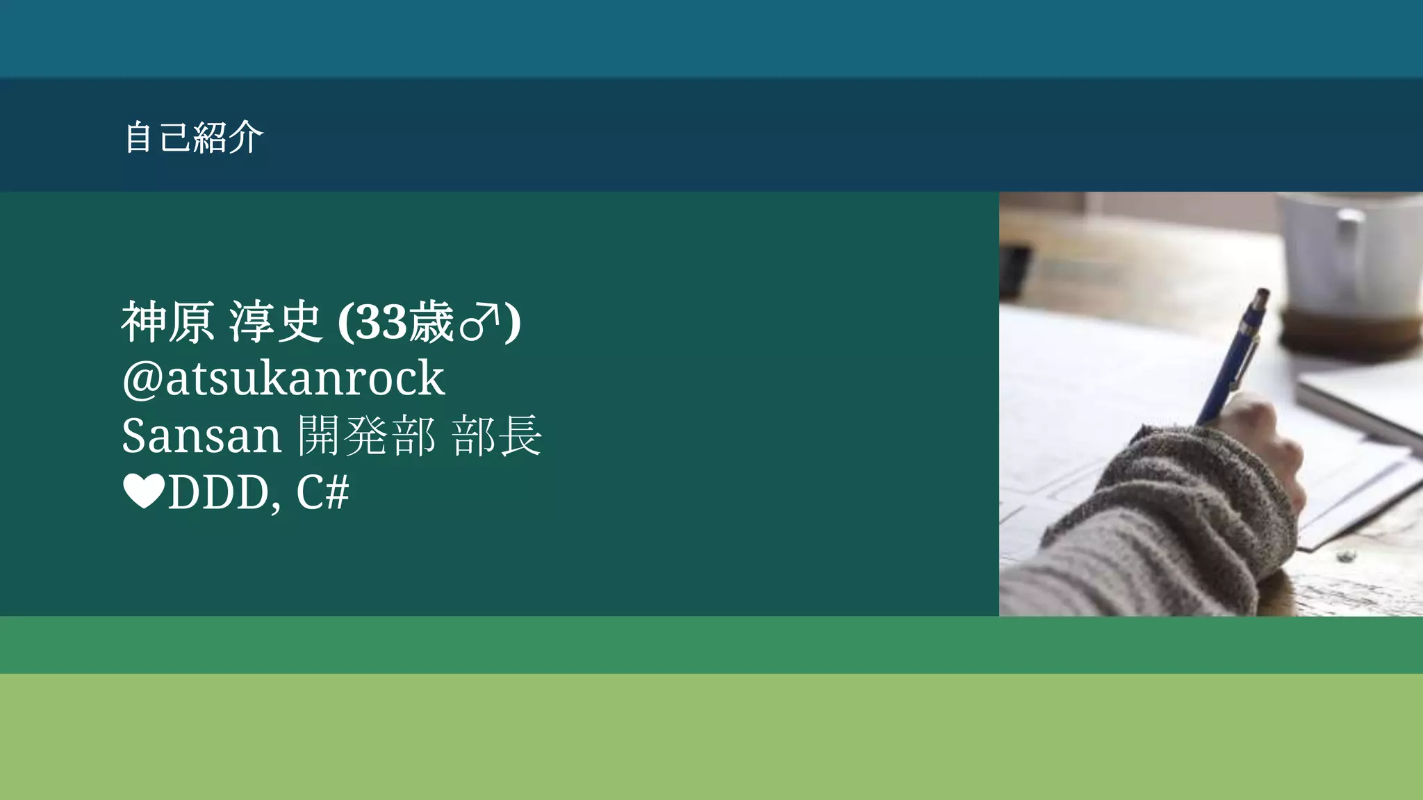 自己紹介
神原 淳史 (33歳♂)
@atsukanrock
Sansan 開発部 部長
❤DDD, C#
 