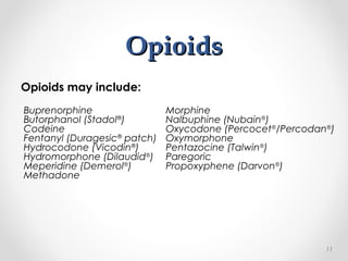 OpioidsOpioids
Opioids may include:
Buprenorphine
Butorphanol (Stadol®
)
Codeine
Fentanyl (Duragesic®
patch)
Hydrocodone (Vicodin®
)
Hydromorphone (Dilaudid®
)
Meperidine (Demerol®
)
Methadone
Morphine
Nalbuphine (Nubain®
)
Oxycodone (Percocet®
/Percodan®
)
Oxymorphone
Pentazocine (Talwin®
)
Paregoric
Propoxyphene (Darvon®
)
11
 