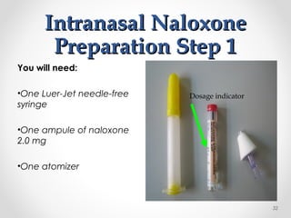 Intranasal NaloxoneIntranasal Naloxone
Preparation Step 1Preparation Step 1
You will need:
•One Luer-Jet needle-free
syringe
•One ampule of naloxone
2.0 mg
•One atomizer
Dosage indicator
32
 