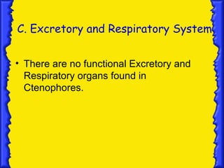 C. Excretory and Respiratory System


• There are no functional Excretory and
  Respiratory organs found in
  Ctenophores.
 