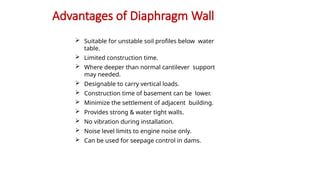 Advantages of Diaphragm Wall
 Suitable for unstable soil profiles below water
table.
 Limited construction time.
 Where deeper than normal cantilever support
may needed.
 Designable to carry vertical loads.
 Construction time of basement can be lower.
 Minimize the settlement of adjacent building.
 Provides strong & water tight walls.
 No vibration during installation.
 Noise level limits to engine noise only.
 Can be used for seepage control in dams.
 