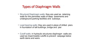 • Structural Diaphragm walls: they are used as retaining
walls for the perimeter walls of deep basements and
underground parking facilities and subways.
• Load bearing walls: they are used in place of drilled piers
in foundation of tall buildings, bridge and pier
• Cutoff walls: in hydraulic structures diaphragm walls are
used as impermeable cutoffs to prevent seepage below
earth dams and weirs
Types of Diaphragm Walls
 