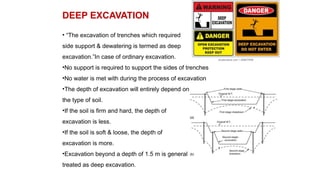 DEEP EXCAVATION
• “The excavation of trenches which required
side support & dewatering is termed as deep
excavation.”In case of ordinary excavation.
•No support is required to support the sides of trenches
•No water is met with during the process of excavation
•The depth of excavation will entirely depend on
the type of soil.
•If the soil is firm and hard, the depth of
excavation is less.
•If the soil is soft & loose, the depth of
excavation is more.
•Excavation beyond a depth of 1.5 m is general
treated as deep excavation.
 