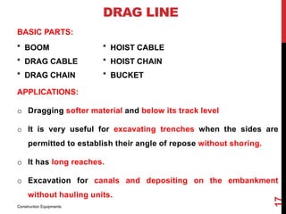 DRAG LINE
BASIC PARTS:
* BOOM * HOIST CABLE
* DRAG CABLE * HOIST CHAIN
* DRAG CHAIN * BUCKET
APPLICATIONS:
o Dragging softer material and below its track level
o It is very useful for excavating trenches when the sides are
permitted to establish their angle of repose without shoring.
o It has long reaches.
o Excavation for canals and depositing on the embankment
without hauling units.
Construction Equipments
17
 