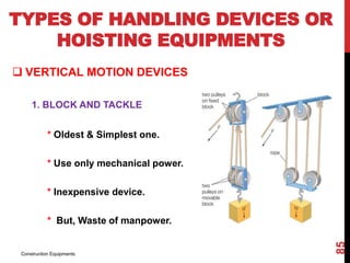 TYPES OF HANDLING DEVICES OR
HOISTING EQUIPMENTS
 VERTICAL MOTION DEVICES
1. BLOCK AND TACKLE
* Oldest & Simplest one.
* Use only mechanical power.
* Inexpensive device.
* But, Waste of manpower.
Construction Equipments
85
 