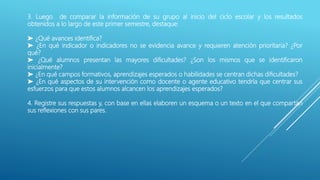 3. Luego de comparar la información de su grupo al inicio del ciclo escolar y los resultados
obtenidos a lo largo de este primer semestre, destaque:
➤ ¿Qué avances identifica?
➤ ¿En qué indicador o indicadores no se evidencia avance y requieren atención prioritaria? ¿Por
qué?
➤ ¿Qué alumnos presentan las mayores dificultades? ¿Son los mismos que se identificaron
inicialmente?
➤ ¿En qué campos formativos, aprendizajes esperados o habilidades se centran dichas dificultades?
➤ ¿En qué aspectos de su intervención como docente o agente educativo tendría que centrar sus
esfuerzos para que estos alumnos alcancen los aprendizajes esperados?
4. Registre sus respuestas y, con base en ellas elaboren un esquema o un texto en el que compartan
sus reflexiones con sus pares.
 