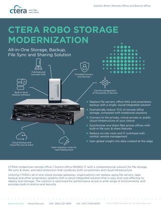 Full-featured
business NAS
Central management
of thousands of devices
Complete privacy
and security
Cloud backup and
cloud ﬁle sync & share
Built-in local
backup software
Data migration tools for
rapid deployment
©2016 CTERA Networks Ltd., All Rights Reserved
Replace ﬁle servers, office NAS and proprietary
backup with a single, cloud-integrated solution
Dramatically reduce TCO of remote office
storage, compared with traditional solutions
Connect to the private, virtual private or public
cloud infrastructure of your choice
Synchronize and share ﬁles across offices with
built-in ﬁle sync & share features
Reduce on-site visits and IT overhead with
central, remote management
Gain global insight into data created at the edge
CTERA modernizes remote office / branch office (ROBO) IT with a comprehensive solution for ﬁle storage,
ﬁle sync & share, and data protection that combines both on-premises and cloud infrastructure.
Utilizing CTERA’s all-in-one cloud storage gateways, organizations can replace aging ﬁle servers, tape
backup and other proprietary systems with a cloud-integrated solution that is easy and cost-effective to
deploy and manage. The solution is optimized for performance across a wide range of environments, and
provides built-in end-to-end security.
CTERA ROBO STORAGE
MODERNIZATION
All-in-One Storage, Backup,
File Sync and Sharing Solution
www.ctera.com info@ctera.com USA: (650) 227-4950 Intl.: +972-3-679-9000
Solution Brief | Remote Office and Branch Office
 