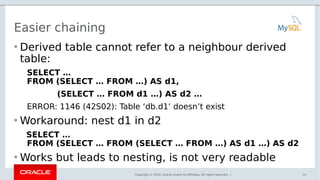 Copyright © 2016, Oracle and/or its affiliates. All rights reserved. |
Easier chaining
• Derived table cannot refer to a neighbour derived
table:
SELECT …
FROM (SELECT … FROM …) AS d1,
(SELECT … FROM d1 …) AS d2 …
ERROR: 1146 (42S02): Table ‘db.d1’ doesn’t exist
• Workaround: nest d1 in d2
SELECT …
FROM (SELECT … FROM (SELECT … FROM …) AS d1 …) AS d2
• Works but leads to nesting, is not very readable
14
 