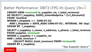 Copyright © 2016, Oracle and/or its affiliates. All rights reserved. |
Better Performance: DBT3 (TPC-H) Query 15
CREATE VIEW revenue0 (r_supplier_no, r_total_revenue)
AS SELECT l_suppkey, SUM(l_extendedprice * (1-l_discount))
FROM  lineitem
WHERE l_shipdate >= '1996-07-01' 
AND l_shipdate < DATE_ADD('1996-07-01‘, INTERVAL '90' day)
GROUP BY  l_suppkey;
SELECT s_suppkey, s_name, s_address, s_phone, r_total_revenue
FROM supplier, revenue0
WHERE s_suppkey = r_supplier_no
AND r_total_revenue =
(SELECT MAX(r_total_revenue) FROM revenue0)
ORDER BY s_suppkey;
“Top Supplier Query”
 