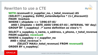 Copyright © 2016, Oracle and/or its affiliates. All rights reserved. |
Rewritten to use a CTE
WITH revenue0 (r_supplier_no, r_total_revenue) AS
(SELECT l_suppkey, SUM(l_extendedprice * (1-l_discount))
FROM  lineitem
WHERE l_shipdate >= '1996-07-01' 
AND l_shipdate < DATE_ADD('1996-07-01‘, INTERVAL '90' day)
GROUP BY  l_suppkey) /* same definition as view's */
SELECT s_suppkey, s_name, s_address, s_phone, r_total_revenue
FROM supplier, revenue0
WHERE s_suppkey = r_supplier_no
AND r_total_revenue =
(SELECT MAX(r_total_revenue) FROM revenue0)
ORDER BY s_suppkey;
 