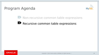 Copyright © 2016, Oracle and/or its affiliates. All rights reserved. |
Program Agenda
Non-recursive common table expressions
Recursive common table expressions
1
2
28
 