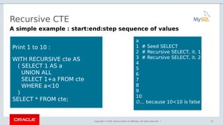 Copyright © 2016, Oracle and/or its affiliates. All rights reserved. |
Recursive CTE
31
A simple example : start:end:step sequence of values
Print 1 to 10 :
WITH RECURSIVE cte AS
( SELECT 1 AS a
UNION ALL
SELECT 1+a FROM cte
WHERE a<10
)
SELECT * FROM cte;
a
1 # Seed SELECT
2 # Recursive SELECT, it. 1
3 # Recursive SELECT, it. 2
4
5
6
7
8
9
10
∅... because 10<10 is false
 