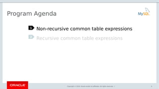 Copyright © 2016, Oracle and/or its affiliates. All rights reserved. |
Program Agenda
Non-recursive common table expressions
Recursive common table expressions
1
2
4
 