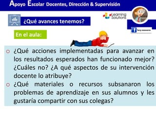 o ¿Qué acciones implementadas para avanzar en
los resultados esperados han funcionado mejor?
¿Cuáles no? ¿A qué aspectos de su intervención
docente lo atribuye?
o ¿Qué materiales o recursos subsanaron los
problemas de aprendizaje en sus alumnos y les
gustaría compartir con sus colegas?
¿Qué avances tenemos?
Apoyo Escolar Docentes, Dirección & Supervisión
En el aula:
 