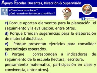 Apoyo Escolar Docentes, Dirección & Supervisión
¿Cómo lo vamos a hacer?
¿Qué requerimos fortalecer o modificar?
c) Porque aportan elementos para la planeación, el
seguimiento y la evaluación, entre otros.
d) Porque brindan sugerencias para la elaboración
de material didáctico.
e) Porque presentan ejercicios para consolidar
aprendizajes esperados.
f) Porque corresponden a indicadores de
seguimiento de la escuela (lectura, escritura,
pensamiento matemático, participación en clase y
convivencia, entre otros).
 