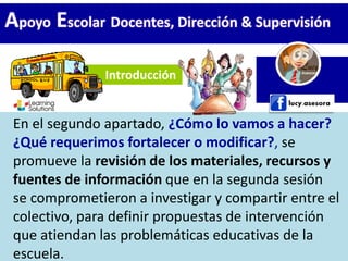 Introducción
Apoyo Escolar Docentes, Dirección & Supervisión
En el segundo apartado, ¿Cómo lo vamos a hacer?
¿Qué requerimos fortalecer o modificar?, se
promueve la revisión de los materiales, recursos y
fuentes de información que en la segunda sesión
se comprometieron a investigar y compartir entre el
colectivo, para definir propuestas de intervención
que atiendan las problemáticas educativas de la
escuela.
 