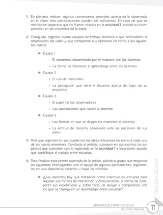 11
TERCERASESIÓN
APRENDIZAJE ENTRE ESCUELAS	
Educación Primaria
11.	 En plenaria, realicen algunos comentarios generales acerca de lo observado
en el video; tres participaciones pueden ser suficientes. En caso de que se
mencionen aspectos que no fueron citados en la actividad 7, solicite su incor-
poración en las columnas de la tabla.
12.	 Enseguida, organice cuatro equipos de trabajo. Invítelos a que profundicen la
observación del video y que compartan sus opiniones en torno a los siguien-
tes rubros.
	 Equipo 1
•	 El contenido desarrollado por el maestro con los alumnos
•	 La forma de favorecer el aprendizaje entre los alumnos
	 Equipo 2
•	 El uso de materiales
•	 La percepción que tiene el docente acerca del logro de su
propósito
	 Equipo 3
•	 El papel de los observadores
•	 Las aportaciones que hacen al docente
	 Equipo 4
•	 Las formas en que se dirigen los maestros al docente
•	 La actitud del docente observado ante las opiniones de sus
pares
13.	 Pida que registren en sus cuadernos las ideas relevantes en torno a cada uno
de los rubros anteriores. Concluido el análisis, subrayen en sus escritos los as-
pectos que coinciden con lo registrado en la actividad 7 e incorporen aquello
que contribuye al trabajo entre escuelas.
14.	 Para finalizar este primer apartado de la sesión, solicite al grupo que responda
las siguientes interrogantes; con el apoyo de algunos participantes, regístren-
las en una diapositiva, pizarrón u hojas de rotafolio.
	 ¿Qué aspectos hay que fortalecer como colectivo de escuelas para
mejorar sus formas de interacción y comunicación, la forma de com-
partir sus experiencias y, sobre todo, de apoyar a compañeros con
los que se trabaja en un Aprendizaje entre escuelas?
 