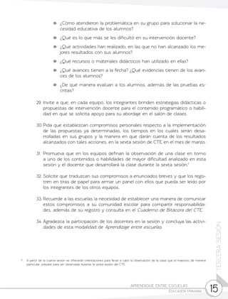 15
TERCERASESIÓN
APRENDIZAJE ENTRE ESCUELAS	
Educación Primaria
	 ¿Cómo atendieron la problemática en su grupo para solucionar la ne-
cesidad educativa de los alumnos?
	 ¿Qué es lo que más se les dificultó en su intervención docente?
	 ¿Qué actividades han realizado, en las que no han alcanzado los me-
jores resultados con sus alumnos?
	 ¿Qué recursos o materiales didácticos han utilizado en ellas?
	 ¿Qué avances tienen a la fecha? ¿Qué evidencias tienen de los avan-
ces de los alumnos?
	 ¿De qué manera evalúan a los alumnos, además de las pruebas es-
critas?
29.	Invite a que, en cada equipo, los integrantes brinden estrategias didácticas o
propuestas de intervención docente para el contenido programático o habili-
dad en que se solicita apoyo para su abordaje en el salón de clases.
30.	Pida que establezcan compromisos personales respecto a la implementación
de las propuestas ya determinadas, los tiempos en los cuales serán desa-
rrolladas en sus grupos y la manera en que darán cuenta de los resultados
alcanzados con tales acciones, en la sexta sesión de CTE en el mes de marzo.
31.	Promueva que en los equipos definan la observación de una clase en torno
a uno de los contenidos o habilidades de mayor dificultad analizado en esta
sesión y el docente que desarrollará la clase durante la sexta sesión.7
32.	Solicite que traduzcan sus compromisos a enunciados breves y que los regis-
tren en tiras de papel para armar un panel con ellos que pueda ser leído por
los integrantes de los otros equipos.
33.	Recuerde a las escuelas la necesidad de establecer una manera de comunicar
estos compromisos a su comunidad escolar para compartir responsabilida-
des, además de su registro y consulta en el Cuaderno de Bitácora del CTE.
34.	Agradezca la participación de los docentes en la sesión y concluya las activi-
dades de esta modalidad de Aprendizaje entre escuelas.
7	 A partir de la cuarta sesión se ofrecerán orientaciones para llevar a cabo la observación de la clase que el maestro, de manera
particular, prepare para ser observada durante la sexta sesión del CTE.
 