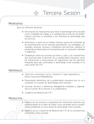 7
Propósitos
Que los colectivos docentes:
	 Reconozcan las implicaciones que tiene el Aprendizaje entre escuelas
como modalidad de trabajo y su utilidad para la solución de proble-
máticas comunes no resueltas o con dificultad de aprendizaje para
los alumnos.
	 Determinen, a partir de un análisis reflexivo acerca del contenido de
las presentaciones de las escuelas participantes, las estrategias, ac-
tividades, técnicas, recursos y ambientes que permitan subsanar la
problemática relacionada con la enseñanza de un contenido, habilidad
o asignatura.
	 Establezcan tanto las acciones por llevar a cabo y los compromisos
que asumirán para la atención de su problemática educativa, como
los mecanismos e instrumentos de seguimiento que les permitan
evaluarlos para dar continuidad al Aprendizaje entre escuelas en la
sexta sesión de CTE.
Materiales
	 “Maestros aprendiendo juntos, fragmento” video disponible en:
https://youtu.be/CKjNqdMuklw
	 Presentación electrónica de la problemática educativa que se va a
compartir en la sesión de Aprendizaje entre escuelas.
	 Lecturas, recursos o referencias bibliográficas recabados y organiza-
dos en función de la solución a su problemática.
	 Cuaderno de Bitácora del CTE.
Productos
	 Registro de las acciones o propuestas de intervención docente que
implementarán en el salón de clases, como resultado de los compro-
misos establecido en esta sesión de Aprendizaje entre escuelas.
	 Registro, en sus Cuadernos de Bitácora del CTE, de los compromisos
convenidos como escuelas.
Tercera Sesión
 