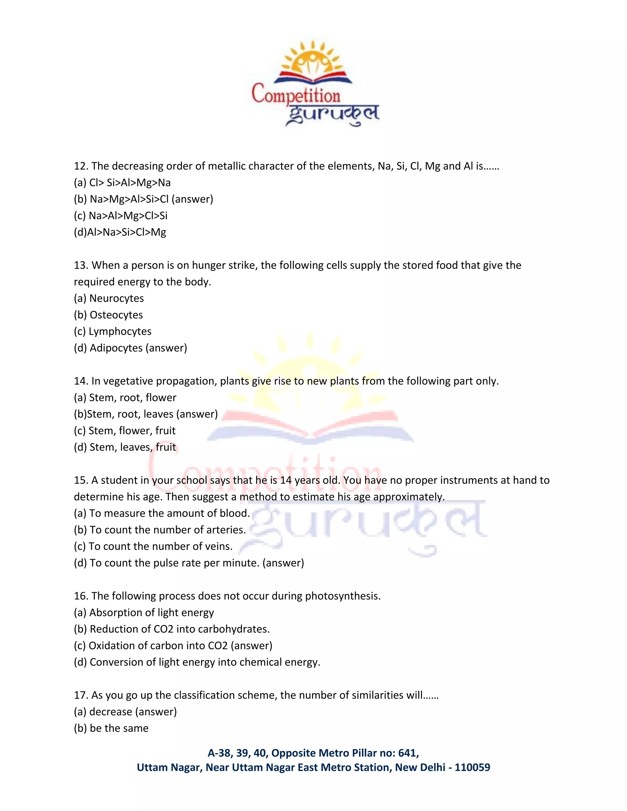 A-38, 39, 40, Opposite Metro Pillar no: 641,
Uttam Nagar, Near Uttam Nagar East Metro Station, New Delhi - 110059
12. The decreasing order of metallic character of the elements, Na, Si, Cl, Mg and Al is……
(a) Cl> Si>Al>Mg>Na
(b) Na>Mg>Al>Si>Cl (answer)
(c) Na>Al>Mg>Cl>Si
(d)Al>Na>Si>Cl>Mg
13. When a person is on hunger strike, the following cells supply the stored food that give the
required energy to the body.
(a) Neurocytes
(b) Osteocytes
(c) Lymphocytes
(d) Adipocytes (answer)
14. In vegetative propagation, plants give rise to new plants from the following part only.
(a) Stem, root, flower
(b)Stem, root, leaves (answer)
(c) Stem, flower, fruit
(d) Stem, leaves, fruit
15. A student in your school says that he is 14 years old. You have no proper instruments at hand to
determine his age. Then suggest a method to estimate his age approximately.
(a) To measure the amount of blood.
(b) To count the number of arteries.
(c) To count the number of veins.
(d) To count the pulse rate per minute. (answer)
16. The following process does not occur during photosynthesis.
(a) Absorption of light energy
(b) Reduction of CO2 into carbohydrates.
(c) Oxidation of carbon into CO2 (answer)
(d) Conversion of light energy into chemical energy.
17. As you go up the classification scheme, the number of similarities will……
(a) decrease (answer)
(b) be the same
 