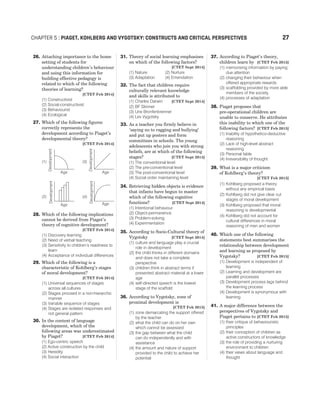 26. Attaching importance to the home
setting of students for
understanding children’s behaviour
and using this information for
building effective pedagogy is
related to which of the following
theories of learning?
[CTET Feb 2014]
(1) Constructivist
(2) Social-constructivist
(3) Behaviourist
(4) Ecological
27. Which of the following figures
correctly represents the
development according to Piaget’s
developmental theory?
[CTET Feb 2014]
28. Which of the following implications
cannot be derived from Piaget’s
theory of cognitive development?
[CTET Feb 2014]
(1) Discovery learning
(2) Need of verbal teaching
(3) Sensitivity to children’s readiness to
learn
(4) Acceptance of individual differences
29. Which of the following is a
characteristic of Kohlberg’s stages
of moral development?
[CTET Feb 2014]
(1) Universal sequences of stages
across all cultures
(2) Stages proceed in a non-hierarchic
manner
(3) Variable sequence of stages
(4) Stages are isolated responses and
not general pattern
30. In the context of language
development, which of the
following areas was underestimated
by Piaget? [CTET Feb 2014]
(1) Ego-centric speech
(2) Active construction by the child
(3) Heredity
(4) Social interaction
31. Theory of social learning emphasises
on which of the following factors?
[CTET Sept 2014]
(1) Nature (2) Nurture
(3) Adaptation (4) Emendation
32. The fact that children require
culturally relevant knowledge
and skills is attributed to
(1) Charles Darwin [CTET Sept 2014]
(2) BF Skinner
(3) Urie Bronfenbrenner
(4) Lev Vygotsky
33. As a teacher you firmly believe in
‘saying no to ragging and bullying’
and put up posters and form
committees in schools. The young
adolescents who join you with strong
beliefs, are at which of the following
stages? [CTET Sept 2014]
(1) The conventional level
(2) The pre-conventional level
(3) The post-conventional level
(4) Social order maintaining level
34. Retrieving hidden objects is evidence
that infants have begun to master
which of the following cognitive
functions? [CTET Sept 2014]
(1) Intentional behaviour
(2) Object-permanence
(3) Problem-solving
(4) Experimentation
35. According to Socio-Cultural theory of
Vygotsky [CTET Sept 2014]
(1) culture and language play a crucial
role in development
(2) the child thinks in different domains
and does not take a complete
perspective
(3) children think in abstract terms if
presented abstract material at a lower
age
(4) self-directed speech is the lowest
stage of the scaffold
36. According to Vygotsky, zone of
proximal development is
[CTET Feb 2015]
(1) zone demarcating the support offered
by the teacher
(2) what the child can do on her own
which cannot be assessed
(3) the gap between what the child
can do independently and with
assistance
(4) the amount and nature of support
provided to the child to achieve her
potential
37. According to Piaget’s theory,
children learn by [CTET Feb 2015]
(1) memorising information by paying
due attention
(2) changing their behaviour when
offered appropriate rewards
(3) scaffolding provided by more able
members of the society
(4) processes of adaptation
38. Piaget proposes that
pre-operational children are
unable to conserve. He attributes
this inability to which one of the
following factors? [CTET Feb 2015]
(1) Inability of hypothetico-deductive
reasoning
(2) Lack of high-level abstract
reasoning
(3) Personal fable
(4) Irreversibility of thought
39. What is a major criticism
of Kohlberg’s theory?
[CTET Feb 2015]
(1) Kohlberg proposed a theory
without any empirical basis
(2) Kohlberg did not give clear cut
stages of moral development
(3) Kohlberg proposed that moral
reasoning is developmental
(4) Kohlberg did not account for
cultural differences in moral
reasoning of men and women
40. Which one of the following
statements best summarises the
relationship between development
and learning as proposed by
Vygotsky? [CTET Feb 2015]
(1) Development is independent of
learning
(2) Learning and development are
parallel processes
(3) Development process lags behind
the learning process
(4) Development is synonymous with
learning
41. A major difference between the
perspectives of Vygotsky and
Piaget pertains to [CTET Feb 2015]
(1) their critique of behaviouristic
principles
(2) their conception of children as
active constructors of knowledge
(3) the role of providing a nurturing
environment to children
(4) their views about language and
thought
CHAPTER 5 : PIAGET, KOHLBERG AND VYGOTSKY: CONSTRUCTS AND CRITICAL PERSPECTIVES 27
Age
Age
Age
Age
Development
Development
Development
Development
(1)
(2)
(3)
(d)
 