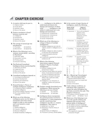 1. A creative child may be poor in
(1) religious values
(2) social values
(3) aesthetic values
(4) None of the above
2. Positive correlation is found
between creativity and
(1) intelligence
(2) achievement
(3) aesthetic values
(4) None of the above
3. The concept of mental age was
introduced by
(1) Thorndike (2) Guildford
(3) Binet-Simon (4) Spearman
4. Which of the following is not a
‘primary mental ability’, according
to Thurstone?
(1) Arithmetic ability
(2) Associative memory
(3) Thinking speed
(4) Inductive reasoning
5. The Fluid and Crystallised
Intelligence theory was developed by
(1) Sternberg and Binet
(2) Cattell and Horn
(3) Binet and Simon
(4) None of the above
6. Crystallised intelligence depends on
(1) neurological development
(2) physical development
(3) learning and experience
(4) None of the above
7. Howard Gardner’s Theory of
multiple intelligences emphasises
(1) conditioning skills in students
(2) general intelligence
(3) common abilities required in school
(4) the unique abilities of each
individual
8. Which one of the following
intelligences gives one the ability to
manipulate and create mental
images in order to solve problems
and is not limited to visual
domains?
(1) Spatial intelligence
(2) Linguistic intelligence
(3) Musical intelligence
(4) Bodily-Kinesthetic intelligence
9. ........... intelligence is the ability to
understand and discern the
feelings and intentions of others
while ............... intelligence is the
ability to understand one’s own
feelings and motivations.
(1) Interpersonal, intrapersonal
(2) Intrapersonal, interpersonal
(3) Interpersonal, social
(4) Social, intrapersonal
10. Which one of the following is a
critique of theory of multiple
intelligences?
(1) Multiple intelligences are only the
‘talents’ present in intelligence as a
whole
(2) Multiple intelligences allow students
to discover their propensities
(3) It overemphasises practical
intelligence
(4) It cannot be supported by empirical
evidence at all
11. Which of the following
observations supports Howard
Gardner’s Theory of multiple
intelligences?
(1) Different intelligences are
hierarchical in nature
(2) Teachers should follow one specific
theory of educational innovation at
the time of designing instruction
(3) Damage to one part of the brain
affects only a particular ability
sparing others
(4) Intelligence is an interaction of
analytical, creative and practical
intelligences
12. Gardner initially formulated seven
intelligences. Which among the
following is not one of them?
(1) Spatial (2) Linguistic
(3) Interpersonal (4) Naturalist
13. Intelligence theory incorporates
the mental processes involved in
intelligence (i.e. meta-components)
and the varied forms that
intelligence can take (i.e. creative
intelligence). This refers to
(1) Spearman’s ‘g’ factor
(2) Sternberg’s Triarchic theory of
intelligence
(3) Savant theory of intelligence
(4) Thurstone’s primary mental abilities
14. In the context of major theories of
intelligence, match the following.
Name of the
Propounder
Name of
the Theory
A. Spearman 1. ‘Successful intelligence’
comprises three
different factors:
Analytical, Creative
and Practical
intelligence.
B. Thurstone 2. Concluded that
intelligence is general
cognitive ability that
could be measured and
numerically expressed.
C. Sternberg 3. Describes eight distinct
intelligences that are
based on skills and are
valued within different
cultures.
D. Gardner 4. Focused on seven
different “primary
mental abilities” e.g.
Reasoning, perceptual,
Speed, Numerical
ability etc.
A B C D
(1) 1 2 3 4
(2) 2 4 1 3
(3) 3 4 1 2
(4) 2 4 3 1
15. IQ = (Mental age Chronological
age) × 100 was propounded by
(1) Revised Stanford-Binet scale
(2) Minnesota paper form board test
(3) Binet-Simon
(4) None of the above
16. Under ordinary conditions, an
individual’s IQ is supposed to
remain the same throughout the
age limits covered by the scale. This
property is known as
(1) Constancy of IQ (2) Deviation of IQ
(3) Both 1 and 2 (4) Neither 1 nor 2
17. Which one of the following is not
one of the specific abilities and
capacities that are part of the
general ability of intelligence?
(1) The ability to acquire knowledge
(2) The ability for forming relationships
(3) The ability to understand
relationships
(4) The capacity for original and
productive thought
CHAPTER EXERCISE
 
