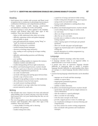 Reading
˜ Such learners have trouble with accurate and fluent word
recognition due to weaknesses in phonological processing in
combination with fluency and comprehension problems.
˜ These students have trouble learning sound-symbol
correspondence, sounding out words, and spelling.
˜ The term Dyslexia is most often applied to this disability.
Learners with Dyslexia often show other signs of this
condition. These may include the following
– failure to fully understand what others are saying.
– difficulty organising written and spoken language.
– delayed ability to speak.
– poor self-expression (for instance, saying “thing” or
“stuff” for words not remembered).
– difficulty learning new vocabulary.
– trouble learning foreign languages.
– slowness in learning songs and poetry.
– slow reading as well as giving up on longer reading
tasks.
– difficulty understanding questions and following
directions.
– poor spelling.
– difficulty recalling numbers in sequence (for instance,
telephone numbers and addresses).
– trouble distinguishing left from right in directions.
˜ To address such disadvantaged learners, teachers should
– Provide a quiet area to them for activities like reading,
answering comprehension questions etc.
– use audio recorded books.
– use books with large print and big spaces between lines.
– provide a copy of lecture notes.
– disregard wrong spelling in science or other similar tests.
– allow alternative forms for book reports.
– use multi-sensory teaching methods.
– teach students to use logic rather than rote learning.
– present material in small units.
Writing
˜ This disorder may cause a learner to be tense and awkward
when holding a pen or pencil, and may even twist its body.
Such learners have very poor handwriting that they are not
able to improve.
˜ The term Dysgraphia is most often applied to this disability.
Learners with Dysgraphia often show other signs of the
condition. These may include
– a strong dislike of writing and/ or drawing.
– problems with grammar.
– trouble writing down ideas.
– a quick loss of energy and interest while writing.
– trouble writing down thoughts in a logical sequence.
– saying words out loud while writing.
– leaving words unfinished or omitting them when
writing sentences.
˜ To address such disadvantaged learners, teachers should
– avoid scolding them for sloppy or careless work.
– use oral exams.
– allow use of tape recorder for lectures.
– allow the use of a note-taker.
– provide notes or outlines to reduce the amount of
writing required.
– reduce copying aspects of work (give pre-printed
questions).
– allow use of wide rule paper and graph paper.
– suggest use of pencil grips and/ or specially designed
writing aids.
– provide alternatives to written assignments (e.g.
audio-recorded reports).
Language
˜ Language is related to meanings, rather than sounds.
˜ A language disorder refers to an impaired ability to
understand and/ or use words in context.
˜ A learner may have an expressive language disorder
(difficulty in expressing ideas or needs), a receptive
language disorder (difficulty in understanding what others
are saying), or a mixed language disorder (which involves
both).
˜ Learners having language related disorders can be identified
by
– improper use of words and their meanings.
– inability to express ideas.
– inappropriate grammatical patterns.
– reduced vocabulary.
– inability to follow directions.
˜ To address such disadvantaged learners, teachers should
– speak slowly and clearly and use simple sentences to
convey information.
– refer the student to a speech pathologist.
– allow a recorder for note taking.
– write the main concepts on the board.
– provide a support person or tutor of a similar age.
– use visualisation techniques to increase listening and
comprehension.
– use story starters for creative writing assignments.
– draw out details with questions and visualisation
strategies.
CHAPTER 14 : IDENTIFYING AND ADDRESSING DISABLED AND LEARNING DISABILITY CHILDREN 67
 