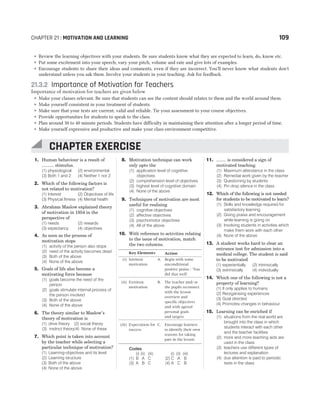 ˜ Review the learning objectives with your students. Be sure students know what they are expected to learn, do, know etc.
˜ Put some excitement into your speech; vary your pitch, volume and rate and give lots of examples.
˜ Encourage students to share their ideas and comments, even if they are incorrect. You'll never know what students don't
understand unless you ask them. Involve your students in your teaching. Ask for feedback.
21.3.2 Importance of Motivation for Teachers
Importance of motivation for teachers are given below
˜ Make your classes relevant. Be sure that students can see the content should relates to them and the world around them.
˜ Make yourself consistent in your treatment of students.
˜ Make sure that your tests are current, valid and reliable. Tie your assessment to your course objectives.
˜ Provide opportunities for students to speak to the class.
˜ Plan around 30 to 40 minute periods. Students have difficulty in maintaining their attention after a longer period of time.
˜ Make yourself expressive and productive and make your class environment competitive.
1. Human behaviour is a result of
.......... stimulus.
(1) physiological (2) environmental
(3) Both 1 and 2 (4) Neither 1 nor 2
2. Which of the following factors is
not related to motivation?
(1) Interest (2) Objectives of life
(3) Physical fitness (4) Mental health
3. Abraham Maslow explained theory
of motivation in 1954 in the
perspective of
(1) needs (2) rewards
(3) expectancy (4) objectives
4. As soon as the process of
motivation stops
(1) activity of the person also stops
(2) need of the activity becomes dead
(3) Both of the above
(4) None of the above
5. Goals of life also become a
motivating force because
(1) goals become the need of the
person
(2) goals stimulate internal process of
the person involved
(3) Both of the above
(4) None of the above
6. The theory similar to Maslow’s
theory of motivation is
(1) drive theory (2) social theory
(3) instinct theory(4) None of these
7. Which point is taken into account
by the teacher while selecting a
particular technique of motivation?
(1) Learning-objectives and its level
(2) Learning structure
(3) Both of the above
(4) None of the above
8. Motivation technique can work
only upto the
(1) application level of cognitive
objectives
(2) comprehension level of objectives
(3) highest level of cognitive domain
(4) None of the above
9. Techniques of motivation are most
useful for realising
(1) cognitive objectives
(2) affective objectives
(3) psychomotor objectives
(4) All of the above
10. With reference to activities relating
to the issue of motivation, match
the two columns.
Key Elements Action
(i) Intrinsic
motivation
A. Begin with some
unconditional
positive praise : ‘You
did that well’
(ii) Extrinsic
motivation
B. The teacher and/ or
the pupils reconnect
with the lesson
overview and
specific objectives
and with agreed
personal goals
and targets
(iii) Expectation for
success
C. Encourage learners
to identify their own
reasons for taking
part in the lesson
Codes
(i) (ii) (iii) (i) (ii) (iii)
(1) B A C (2) C A B
(3) A B C (4) A C B
11. ........ is considered a sign of
motivated teaching.
(1) Maximum attendance in the class
(2) Remedial work given by the teacher
(3) Questioning by students
(4) Pin drop silence in the class
12. Which of the following is not needed
for students to be motivated to learn?
(1) Skills and knowledge required for
satisfactory learning
(2) Giving praise and encouragement
while learning is going on
(3) Involving students in activities which
make them work with each other
(4) None of the above
13. A student works hard to clear an
entrance test for admission into a
medical college. The student is said
to be motivated
(1) experientially (2) intrinsically
(3) extrinsically (4) individually
14. Which one of the following is not a
property of learning?
(1) It only applies to humans
(2) Reorganising experiences
(3) Goal directed
(4) Promotes changes in behaviour
15. Learning can be enriched if
(1) situations from the real world are
brought into the class in which
students interact with each other
and the teacher facilities
(2) more and more teaching aids are
used in the class
(3) teachers use different types of
lectures and explanation
(4) due attention is paid to periodic
tests in the class
CHAPTER 21 : MOTIVATION AND LEARNING 109
CHAPTER EXERCISE
 