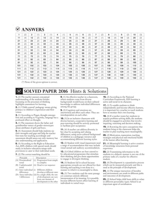 12 SOLVED PAPER 2016
ANSWERS
1. (2) The teacher assesses conceptual
understanding of the students besides
focussing on the processes of thinking
highlights assessment for learning.
2. (1) ‘Child-centred’ pedagogy means giving
primacy to children’s experiences and their
voices.
3. (1) According to Piaget, thought emerges
first and according to Vygotsky, language has a
profound effect on thought.
4. (1) The statement shows the father and
grandmother nature of gender stereotypes
about attributes of girls and boys.
5. (4) Assessment should help students see
their strengths and gaps and help the teacher
fine-tune her teaching accordingly and
assessment should assess not only memory but
also understanding and application.
6. (3) According to the Right to Education
Act, 2009, children with special needs should
study in inclusive education setups with
provisions to cater to their individual needs.
7. (2) The correct matching should be
Principle Description
(A) Proximodistal
trend
(v) Progression from simple
to complex
(B) Cephalocaudal
trend
(ii) Head to toe sequence
(C) Inter-individual
differences
(i) Different children
develop at different rates
(D) Intra-individua
l differences
(iii) In a single child, the rate
of development can vary
from one domain of
development to the other
8. (1) An effective teacher in a classroom,
where students come from diverse
backgrounds would focus on their cultural
knowledge to address individual differences
among the group.
9. (2) Cognition and emotions are
intertwined and affect each other. They are
interdependent on each other.
10. (3) In an inclusive classroom with
diverse learners, cooperative learning and
peer-tutoring should be actively promoted
to facilitate peer-acceptance.
11. (4) A teacher can address diversity in
her class by accepting and valuing
differences, using socio-cultural background
of children as a pedagogic resource and
accommodating different learning styles.
12. (2) Student with visual impairment need
a range of accommodation that may include
visual tactual and auditory accommodation.
13. (3) Gifted children are best catered to
by educational programmes that stimulate
their thinking and give them opportunities
to engage in divergent thinking.
14. (3) Students fail in school because
appropriate rewards are not offered for their
learning and teaching is not done in a
manner in which it is meaningful to them.
15. (3) Two students read the same passage
yet construct entirely different
interpretation of its meaning. It is possible
because different factors affect learning of
individuals in varied ways.
16. (2) According to the National
Curriculum Framework, 2005 learning is
active and social in its character.
17. (1) To enable students to think
independently and become effective learners,
it is important for a teacher to teach students
how to moniter their own learning.
18. (4) If a teacher wants her students to
acquire problem-solving skills, the students
should be engaged in activities that involve
inquiring, reasoning and decision making.
19. (3) Knowing the naive conceptions that
students bring to the classroom helps the
teacher to plan teaching more meaningfully.
20. (2) Motivation, maturation, teaching
strategies and physical and emotional health
of the learner affect learning.
21. (4) Meaningful learning is active creation
of knowledge structures from personal
experience.
22. (2) Transmitting information to the
students in a didactic manner is not one of the
primary tasks of a teacher for effective
student.
23. (4) Development is a quantitative process
which can be measured precisely and this is
used as the principle of development.
24. (1) The unique interaction of heredity
and environment can result in different paths
and outcomes of development.
25. (2) School helps child learn skills to relate
to different personality types. School is an
important agent of socialisation.
1 (2) 2 (1) 3 (1) 4 (1) 5 (4) 6 (3) 7 (2) 8 (1) 9 (2) 10 (3)
11 (4) 12 (2) 13 (3) 14 (3) 15 (3) 16 (2) 17 (1) 18 (4) 19 (3) 20 (2)
21 (4) 22 (2) 23 (4) 24 (1) 25 (2) 26 (2) 27 (1) 28 (3) 29 (1) 30 (4)
31 (2) 32 (3) 33 (1) 34 (4) 35 (3) 36 (3) 37 (4) 38 (4) 39 (4) 40 (4)
41 (2) 42 (3) 43 (4) 44 (2) 45 (4) 46 (4) 47 (3) 48 (2) 49 (3) 50 (4)
51 (1) 52 (1) 53 (4) 54 (2) 55 (2) 56 (1) 57 (4) 58 (1) 59 (4) 60 (2)
61 (4) 62 (2) 63 (1) 64 (1) 65 (3) 66 (3) 67 (4) 68 (3) 69 (1) 70 (1)
71 (3) 72 (3) 73 (1) 74 (4) 75 (3) 76 (1) 77 (3) 78 (4) 79 (2) 80 (1)
81 (1) 82 (4) 83 (1) 84 (2) 85 (4) 86 (2) 87 (4) 88 (2) 89 (2) 90 (2)
91 (4) 92 (4) 93 (*) 94 (3) 95 (1) 96 (4) 97 (4) 98 (4) 99 (3) 100 (2)
101 (1) 102 (3) 103 (1) 104 (1) 105 (2) 106 (3) 107 (3) 108 (2) 109 (4) 110 (3)
111 (3) 112 (2) 113 (1) 114 (3) 115 (4) 116 (4) 117 (1) 118 (1) 119 (2) 120 (3)
121 (3) 122 (2) 123 (3) 124 (1) 125 (3) 126 (2) 127 (3) 128 (2) 129 (4) 130 (3)
131 (1) 132 (3) 133 (4) 134 (3) 135 (2) 136 (3) 137 (4) 138 (4) 139 (1) 140 (2)
141 (1) 142 (2) 143 (3) 144 (2) 145 (4) 146 (3) 147 (2) 148 (4) 149 (4) 150 (3)
(*) None of the given options is correct.
sOLVED PAPER 2016 Hints & Solutions
 