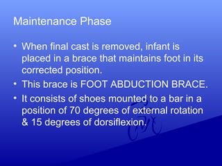 Maintenance Phase
• When final cast is removed, infant is
placed in a brace that maintains foot in its
corrected position.
• This brace is FOOT ABDUCTION BRACE.
• It consists of shoes mounted to a bar in a
position of 70 degrees of external rotation
& 15 degrees of dorsiflexion.
 