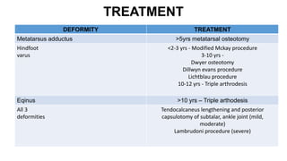 TREATMENT
DEFORMITY TREATMENT
Metatarsus adductus >5yrs metatarsal osteotomy
Hindfoot
varus
<2-3 yrs - Modified Mckay procedure
3-10 yrs -
Dwyer osteotomy
Dillwyn evans procedure
Lichtblau procedure
10-12 yrs - Triple arthrodesis
Eqinus >10 yrs – Triple arthodesis
All 3
deformities
Tendocalcaneus lengthening and posterior
capsulotomy of subtalar, ankle joint (mild,
moderate)
Lambrudoni procedure (severe)
 