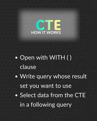 Open with WITH ( )
clause
Write query whose result
set you want to use
Select data from the CTE
in a following query
HOW IT WORKS
 