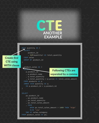 ANOTHER
EXAMPLE
Create first
CTE using
WITH clause
Following CTEs are
separated by a comma
 