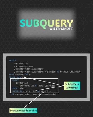 Subquery in
parenthesis
Subquery needs an alias
AN EXAMPLE
 