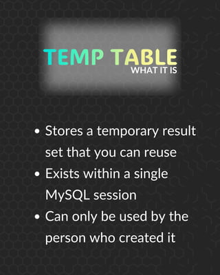 Stores a temporary result
set that you can reuse
Exists within a single
MySQL session
Can only be used by the
person who created it
WHAT IT IS
 