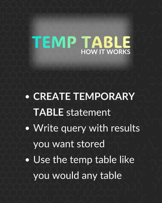 CREATE TEMPORARY
TABLE statement
Write query with results
you want stored
Use the temp table like
you would any table
HOW IT WORKS
 