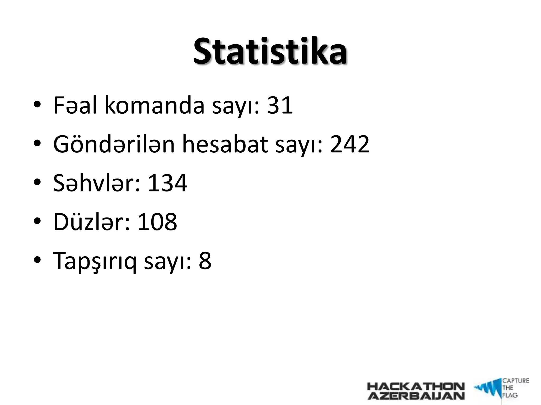 Statistika
• Fəal komanda sayı: 31
• Göndərilən hesabat sayı: 242
• Səhvlər: 134
• Düzlər: 108
• Tapşırıq sayı: 8
 