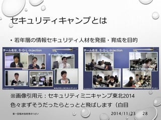 セキュリティキャンプとは 
• 若年層の情報セキュリティ人材を発掘・育成を目的 
※画像引用元：セキュリティミニキャンプ東北2014 
色々まずそうだったらとっとと飛ばします（白目 
第一回福井技術者のつどい2014/11/23 28 
 