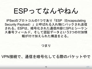 uji52
ESPäƤʤͤ
13
IPSecΥץȥ1ĤǤ꡸ESPEncapsulating
Security PayloadȺФ˥ѥå
롣ESPϡŻ줿ͨݤSPIȥ`
ťե`ɡJ^ǩ`Ȥ3Ĥθ
󤬸Ӥ줿Ȥ롣
Ĥޤ
VPNӾAǡͨŤ򰵺ŻƤHΥѥåȤ
 