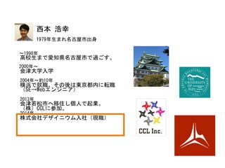 西本	
 浩幸	
 
　〜1998年	
 
　高校生まで愛知県名古屋市で過ごす。	
 
	
 
　2000年〜	
 
　会津大学入学	
 
	
 
　2004年〜約10年	
 
　横浜で就職、その後は東京都内に転職	
 
　（SE→Webエンジニア）	
 
	
 
　2013年	
 
　会津若松市へ移住し個人で起業。	
 
　（株）CCLに参加。	
 
　2014年	
 
　株式会社デザイニウム入社（現職）	
 
1979年生まれ名古屋市出身	
 
 
