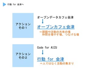 オープンデータカフェ会津	
 
オープンカフェ会津	
 
行動	
 for	
 会津	
 
Code	
 for	
 AIZU	
 
アクション	
 
その１	
 
アクション	
 
その２	
 
行動	
 for	
 会津へ	
 
＝課題や活動の共有の場	
 
　仲間を増やす場、つなげる場	
 
＝人ではなく活動の集まり	
 
 