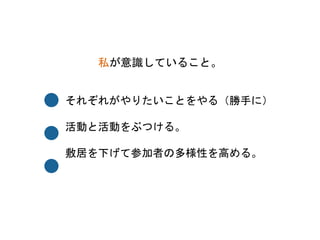 それぞれがやりたいことをやる（勝手に）	
 
	
 
活動と活動をぶつける。	
 
	
 
敷居を下げて参加者の多様性を高める。	
 
私が意識していること。	
 
 