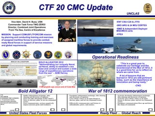 CTF 20 CMC Update C2F AREA OF RESPONSIBILITY

                                                                                                        UNCLAS

         Vice Adm. David H. Buss, USN                                                         •ENT CSG C2X & JTFX
      Commander Task Force TWO ZERO/                                                          •IWO ARG & 24 MEU CERTEX
      Director, Combined Joint Operations
                                                                                              •BMD & Independent Deployer
      From The Sea, Centre of Excellence                                                      MSO/MCO certs
MISSION: Support COMUSFLTFORCOM mission                                                       •FPEX
by planning and conducting training and exercises
of assigned maritime forces to provide combat-
ready Naval forces in support of service missions
and global requirements.




                                                                                 Operational Readiness
                                   BOLD ALLIGATOR 2012
                                   "demonstrating our uniquely Naval,                             “This is a great year to
                                   rpt Naval, ability to establish a sea                      celebrate our heritage and the
                                   base and conduct and sustain a wide                        bicentennial of the War of 1812, it
                                   range of expeditionary operations                          is a good time for us to reflect on
                                   from the sea“ – ADM Harvey                                 where we came from.
                                                                                                 A lot of lessons that we
                                                                                              learned in 1812 are still pertinent
                                                                                              today, such as the importance of
                                                                                              innovation and being ready.”
                                                                                                                -CNO
                                   >100 amphib ops since end of Cold War

               Bold Alligator 12                                             War of 1812 commemoration




       United States Fleet Forces                                                   Ready Fleet … Global Reach
 