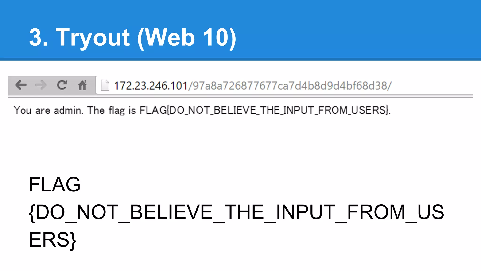 3. Tryout (Web 10)
FLAG
{DO_NOT_BELIEVE_THE_INPUT_FROM_US
ERS}
 