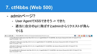 7. ctf4bbs (Web 500)
- adminک`?
- User AgentXSSǤ -> Ǥ
- mԷ֤ipwФadminꥯȤw
Ǥ
 